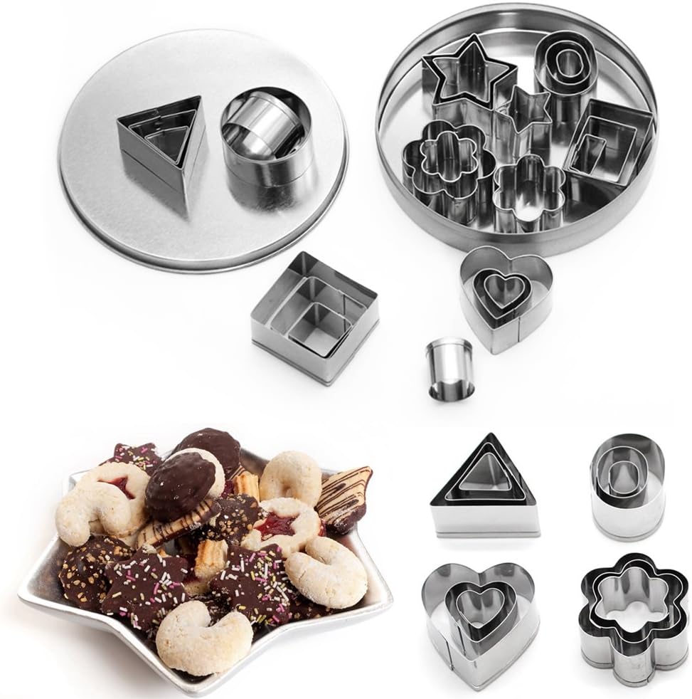 PERTOBAI Mini Cookie Cutter set – 24 Pieces Metal Fondant Cutters – 3 Hearts Shape, 3 Stars Shape, 3 Flowers Shape and 15 Geometric Shape