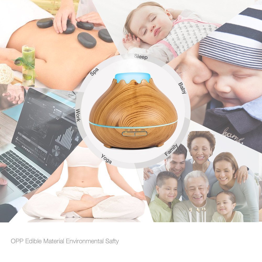 Umidificatore legno 150ml, Aroma diffusore, Wood looking umidificatore Snowberg Cool Mist Olio essenziale 7 colori LED Diffusore ad ultrasuoni per uso domestico Baby Office (aspetto del legno chiaro)