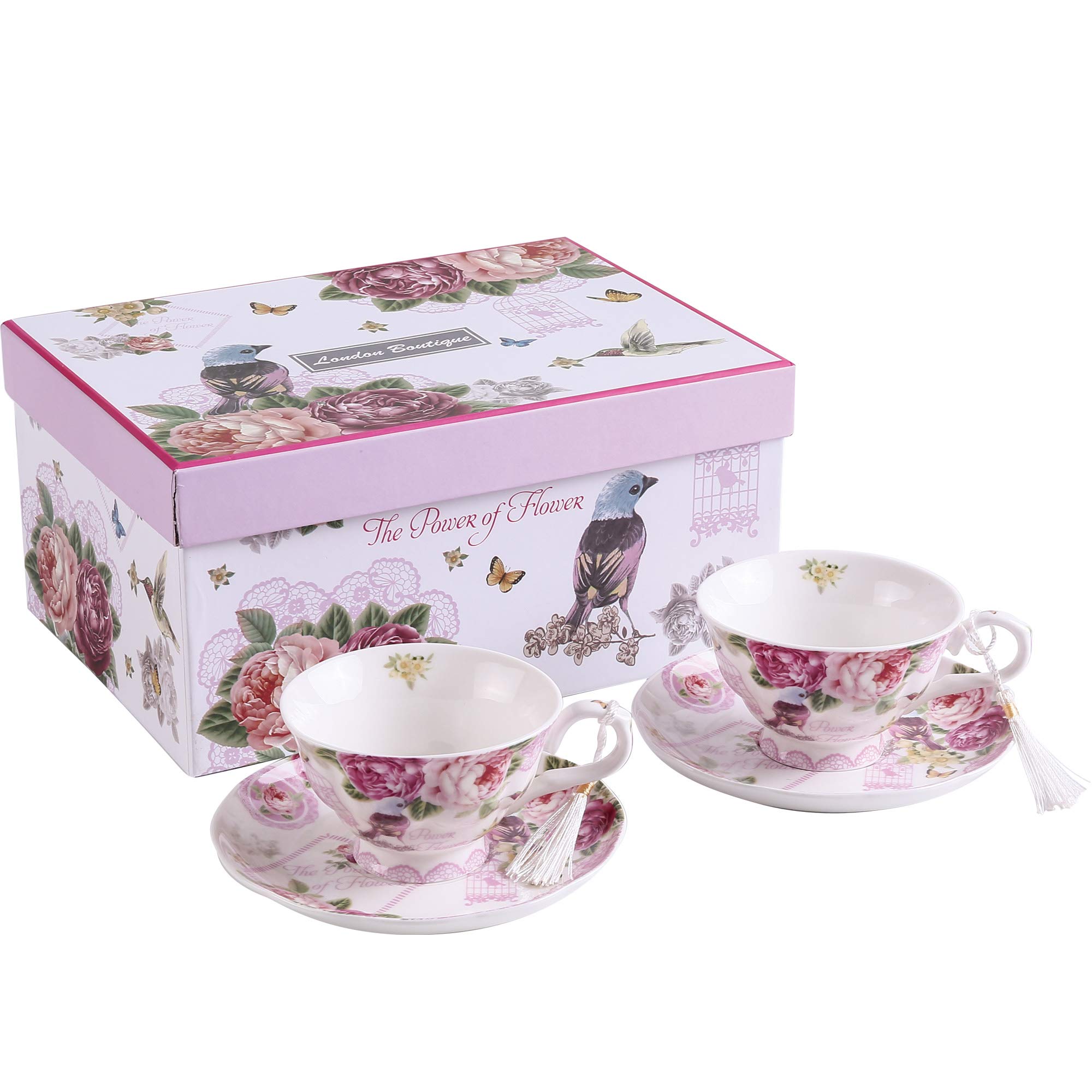London Boutique Coffee Tea Cup and Saucer Set 2 Shabby Chic Vintage Flora Porcelain Set Gift Box (Pink Bird Rose) (Bird Rose Butterfly)