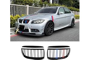 BLWGROW Front Grille Compatible with 2005-2008 BMW 3 series E90 320i 325i 325xi 330i 323i 328i 328xi 335i 335xi,Double Slats Grill Gloss Black With M Color