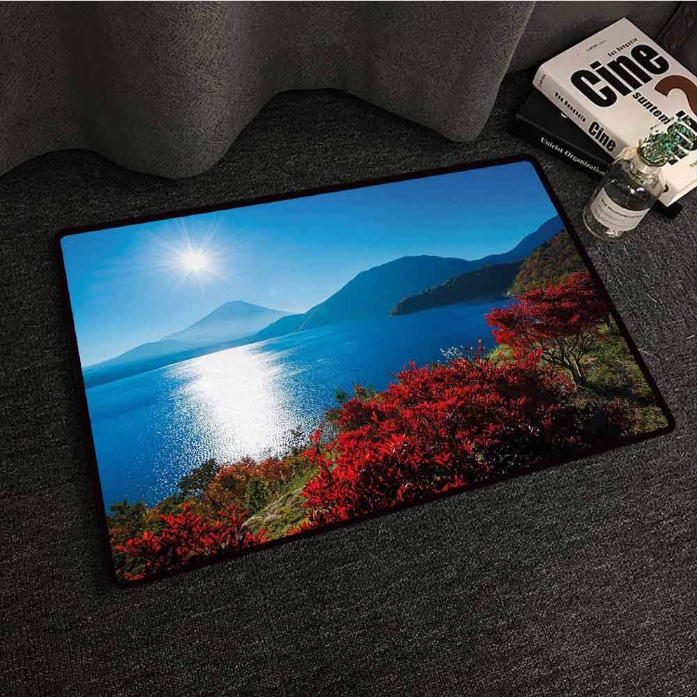Anti-Slip Outdoor Rugs Nature,Japan Sunny Autumn Fall Plants Landscape with Trees Mountains and Ocean Panorama,Blue and Red,W16 xL24 Outdoor Carpet