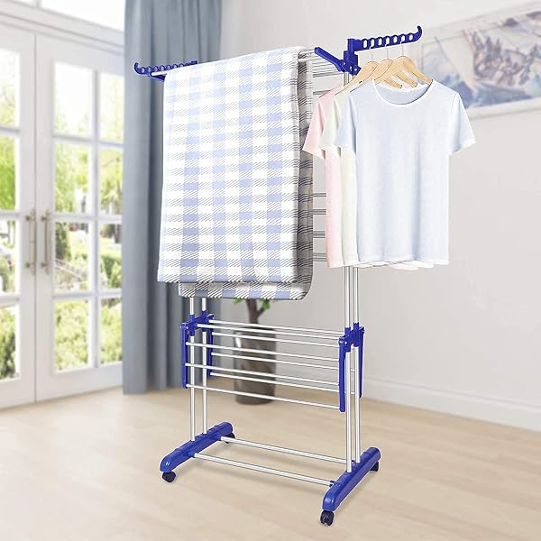 BIGZZIA CLOTHES DRYING RACK, FOLDING STAINLESS STEEL DRYING RACK CLOTHING INDOOR OUTDOOR, SPACE-SAVING, 4 TIER LAUNDRY DRYING RACK WITH TWO SIDE WINGS GREY BLUE