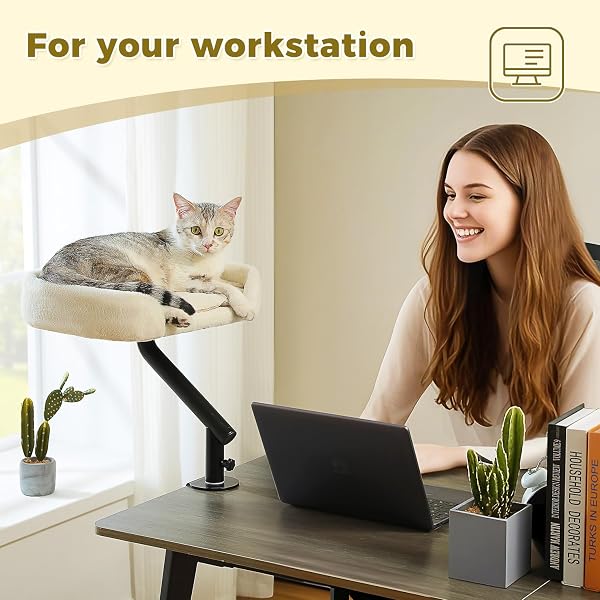 PAWZ ROAD CAT DESK BED FOR INDOOR CATS, CAT BED FOR DESK SUPPORTS UP TO 50 LBS, 360° ROTATION & ADJUSTABLE, NEST DESKTOP ATTACHMENT CATS HAMMOCK FOR TABLE, WHITE