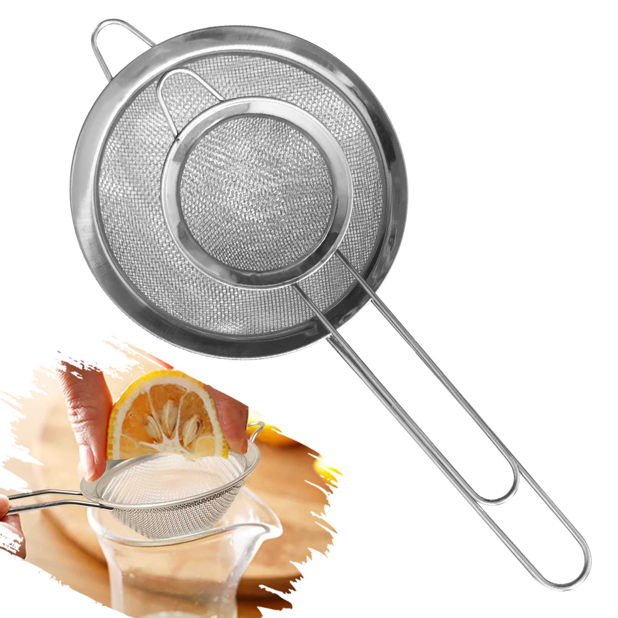 Tea Strainers Set Fine Mesh Sieve with Long Handle Kitchen Colander Filter No Sharp Edges Small Medium Large Sizes for Tea Coffee Powder (2 x Stainless Steel Strainers)