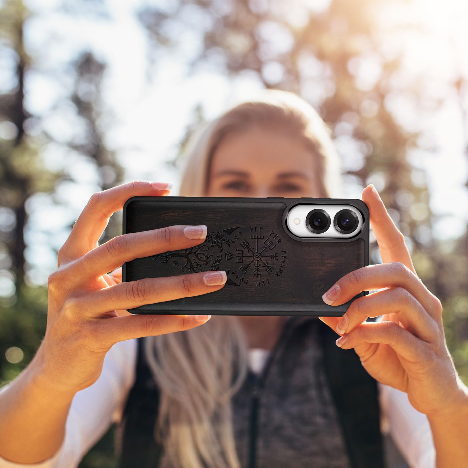 Carveit Holz Cover für Samsung S25 Edge hülle, Handyhülle kompatibel MagSafe Silikon Stoßfeste Case, Magnetisch Hull für Galaxy S25 Edge Handyhulle（Dunklesholz-Wikingerkompass Vegvisir） 7
