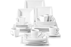 MALACASA Plates and Bowls Sets, 30-Piece Square Dinnerware Sets for 6, Ceramic Dish Set, Porcelain White Dinnerware Set with 