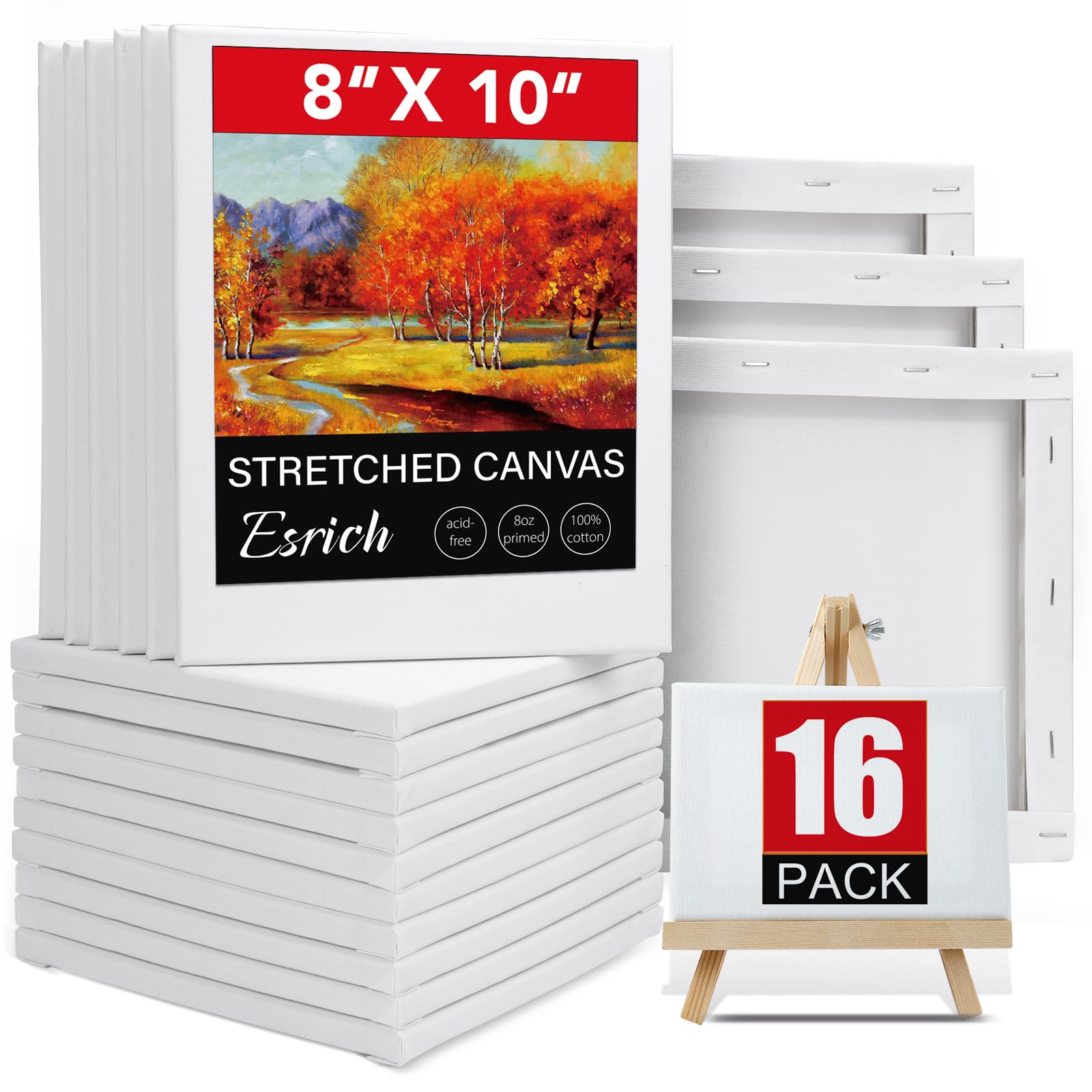 Photo 1 of ***8 PACK -SOME MISSING -SELLING AS IS*** ESRICH Canvas for Painting 8x10, 8 Pack Stretched Canvas, Primed Acid-Free Cotton Paint Canvas Bulk, White Blank Canvases for Painting for Oil & Acrylic Paint.