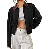 Saodimallsu Womens Zip Up Barn Jacket Cropped Faux Leather Collared Open Front Long Sleeve Fall Cardigan Sweaters