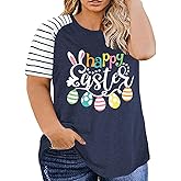 Plus Size Happy Easter T-Shirt for Women Bunny Rabbit Graphic Tees Funny Letter Print Short Sleeve Shirts Tops