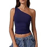 QINSEN Women's One Shoulder Tank Tops Double Lined Sleeveless Slim Fit Cropped Tee Shirt Y2k Tops