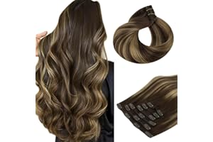 HOTBANANA Human Hair Clip in Hair Extensions, Balayage Chocolate Brown Mixed Caramel Blonde 120g Hair Extensions Real Human Hair Straight Remy Hair Dark Roots Ombre 16 Inch 7pcs