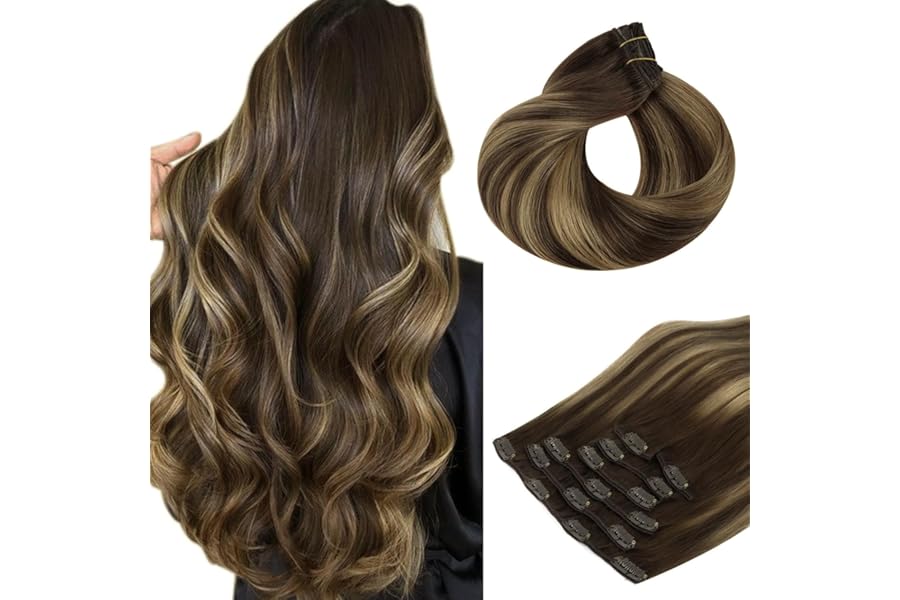 HOTBANANA Human Hair Clip in Hair Extensions, Balayage Chocolate Brown Mixed Caramel Blonde 120g Hair Extensions Real Human Hair Straight Remy Hair Dark Roots Ombre 16 Inch 7pcs