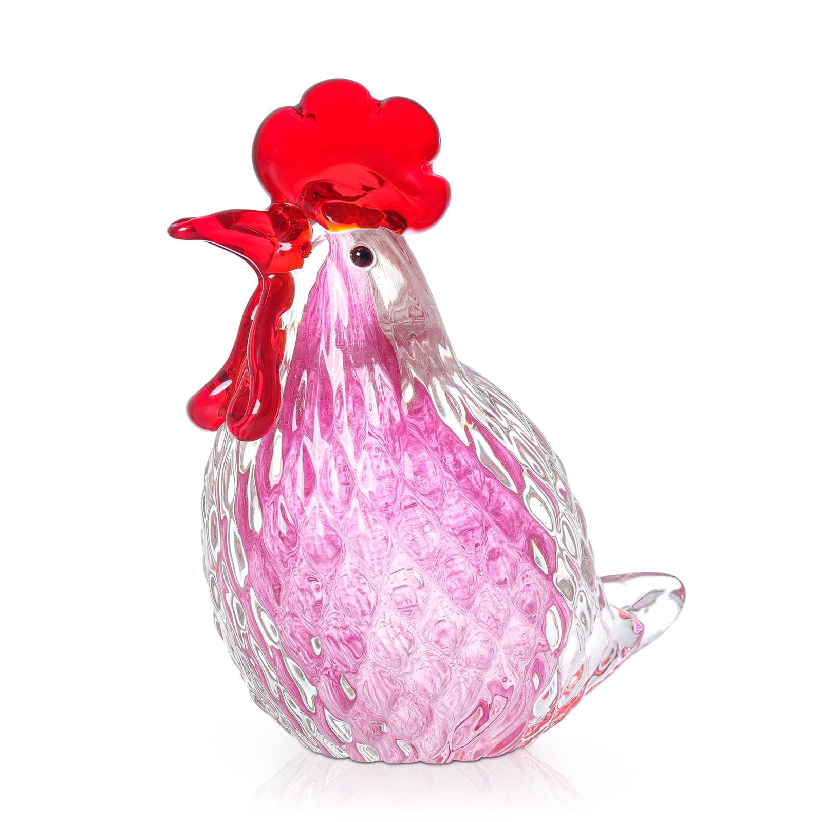 LONGWIN Hand Blown Glass Chicken Statue Pink Art Glass Rooster Sculpture Collectible Figurine Paperweight Home Decor Ornaments