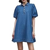 LifeShe Babydoll Denim Dress for Women Puff Sleeve Flowy Mini Jeans Dresses Button Down Jean Romper
