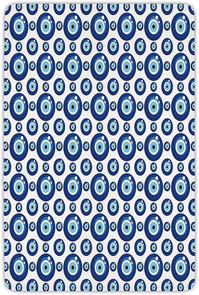Bathroom Bath Rug Kitchen Floor Mat Carpet,Evil Eye,Symmetrical Pattern All Seeing Eye Figures Superstitious Turkish Ethnic Decorative,Blue Pale Blue White,Flannel Microfiber Non-slip Soft Absorbent