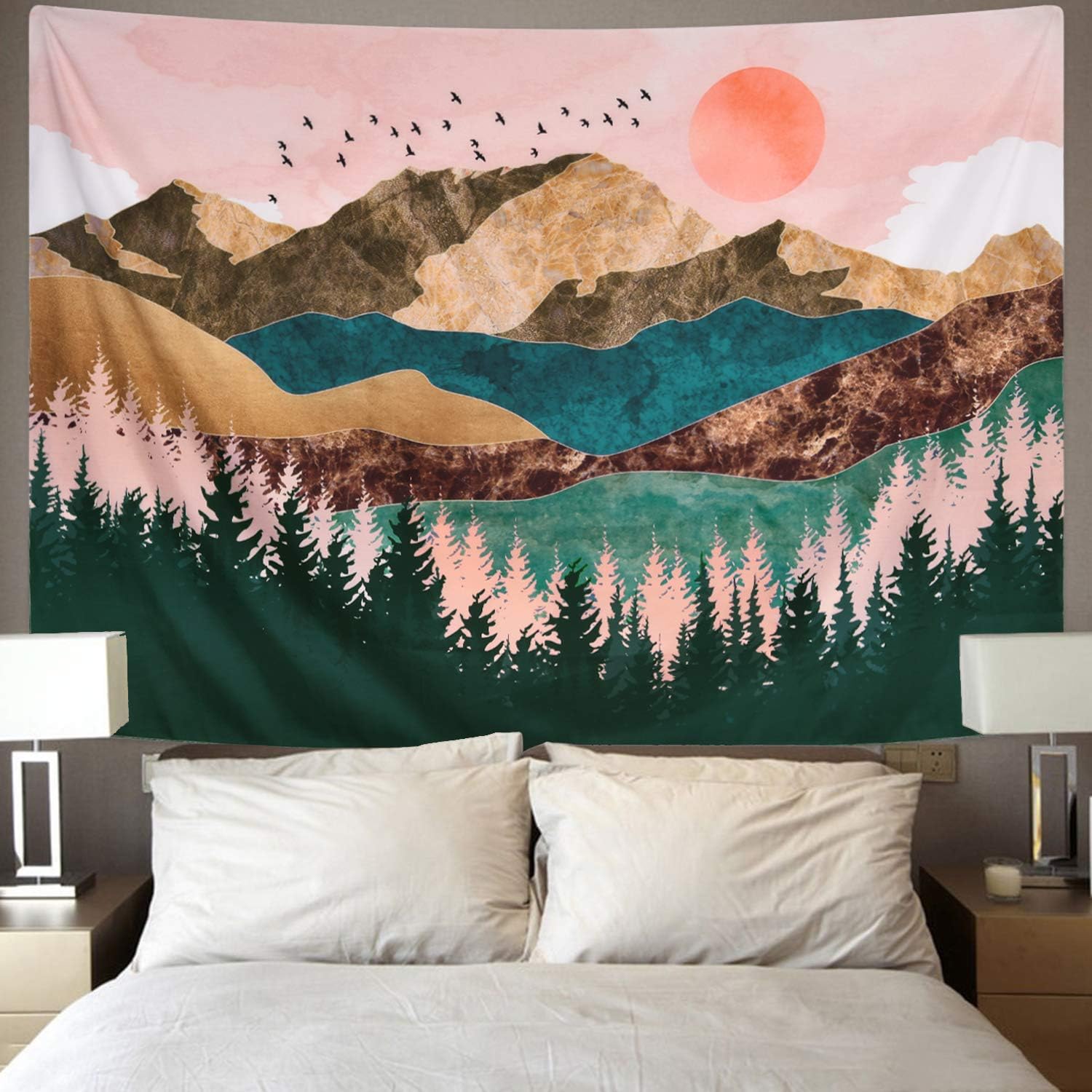Sevenstars Mountain Tapestry Forest Tree Tapestry Sunset Tapestry Nature Landscape Tapestry Wall Hanging for Room(51.2 x 59.1 inches): Home & Kitchen