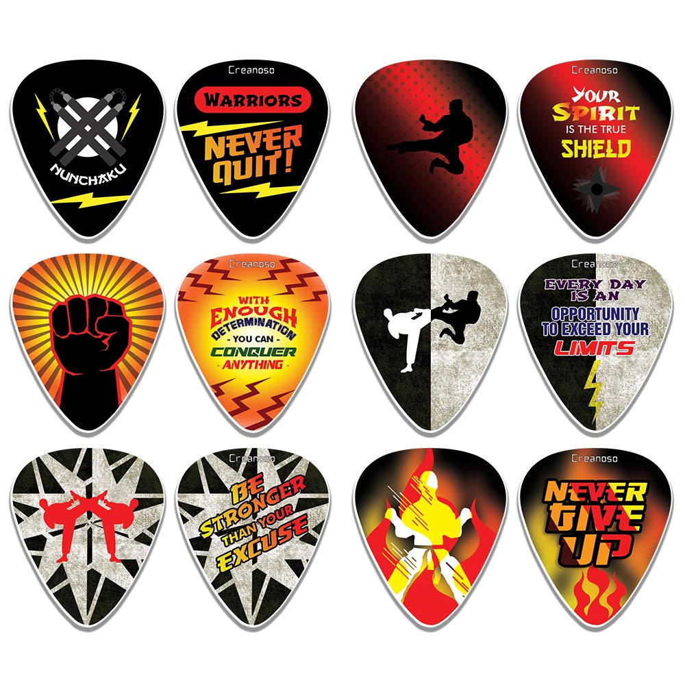 Creanoso Cool Martial Arts Guitar Picks Variety Pack (12-Pack) - Premium Music Gifts & Guitar Accessories for Musicians – Medium Gauge Celluloid – Great Guitar Tool for Muscle Bound Musicians.