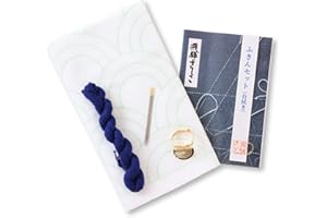 PRODUCT OF GIFU JAPAN Hida Sashiko Kit, Seigaiha, Japanese Traditional Pattern Sewing Set, Blue Thread, Needle, Thimble, and White Cottoncloth with Grid Line Print (Kit H)