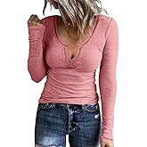 KINLONSAIR Women Casual Long Sleeve Tunic V-Neck Slim Fit T Shirts Basic Tee Tops Crew Neck Ribbed Knit Solid Shirt