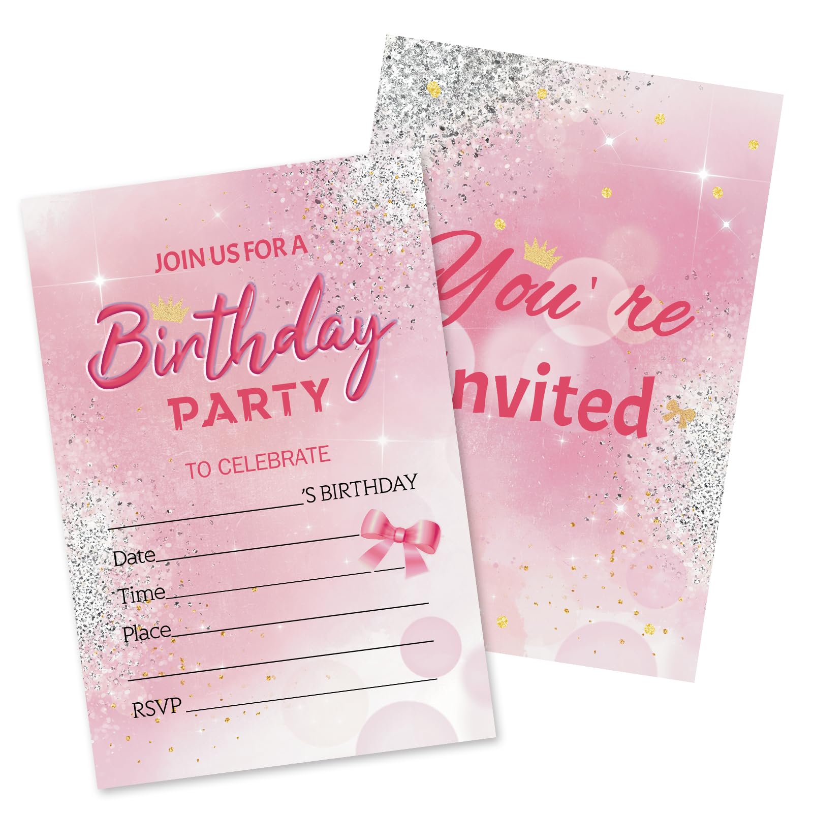 HOMANGA Birthday Party Invitations for Girls, 20Pcs Birthday Invitation Cards with Envelopes, Pink Party Invites for Kids, 10x15cm, Double-Sided