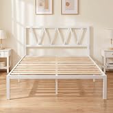 WEDKAI 18 Inch Queen Bed Frame White with Modern Geometric Headboard | Wooden Bed Slats/No Box Spring/ Noise-Free/Easy Assembly/Extra Large Under Bed Storage/Queen Bed Frame Metal