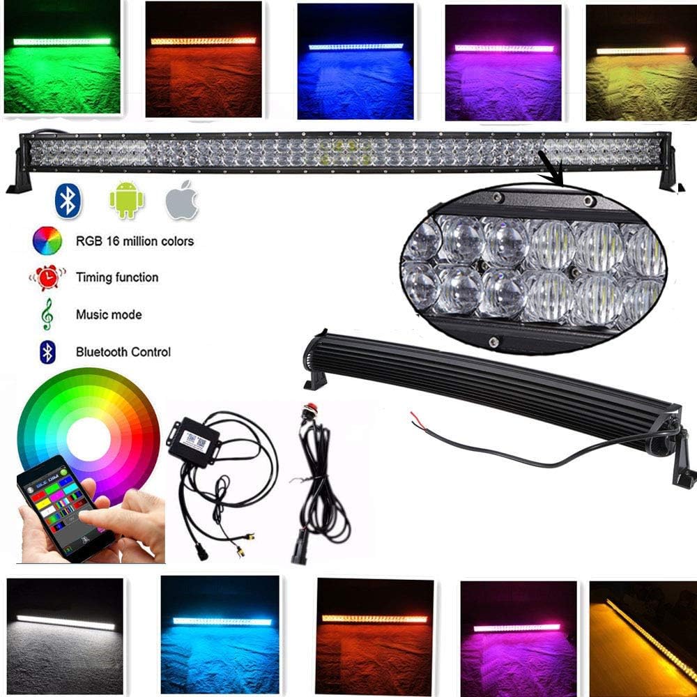 IOV LIGHT 52 inch 300w 5d Bluetooth RGB Led Light Bar Curved 100pcs 3W CREE LEDs Spot Flood Combo Beam Off road Driving light by Bluetooth App and Switch free Wiring Harness