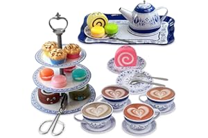 Tea Party Set for Little Girls,39 Piece Princess Tea Set for Girls, Play Tea Set with Cake Stand, Vintage Design, Food Accessories, Tea Set for Little Girls Teapot, Saucers, Tea Cups, IQ Toys
