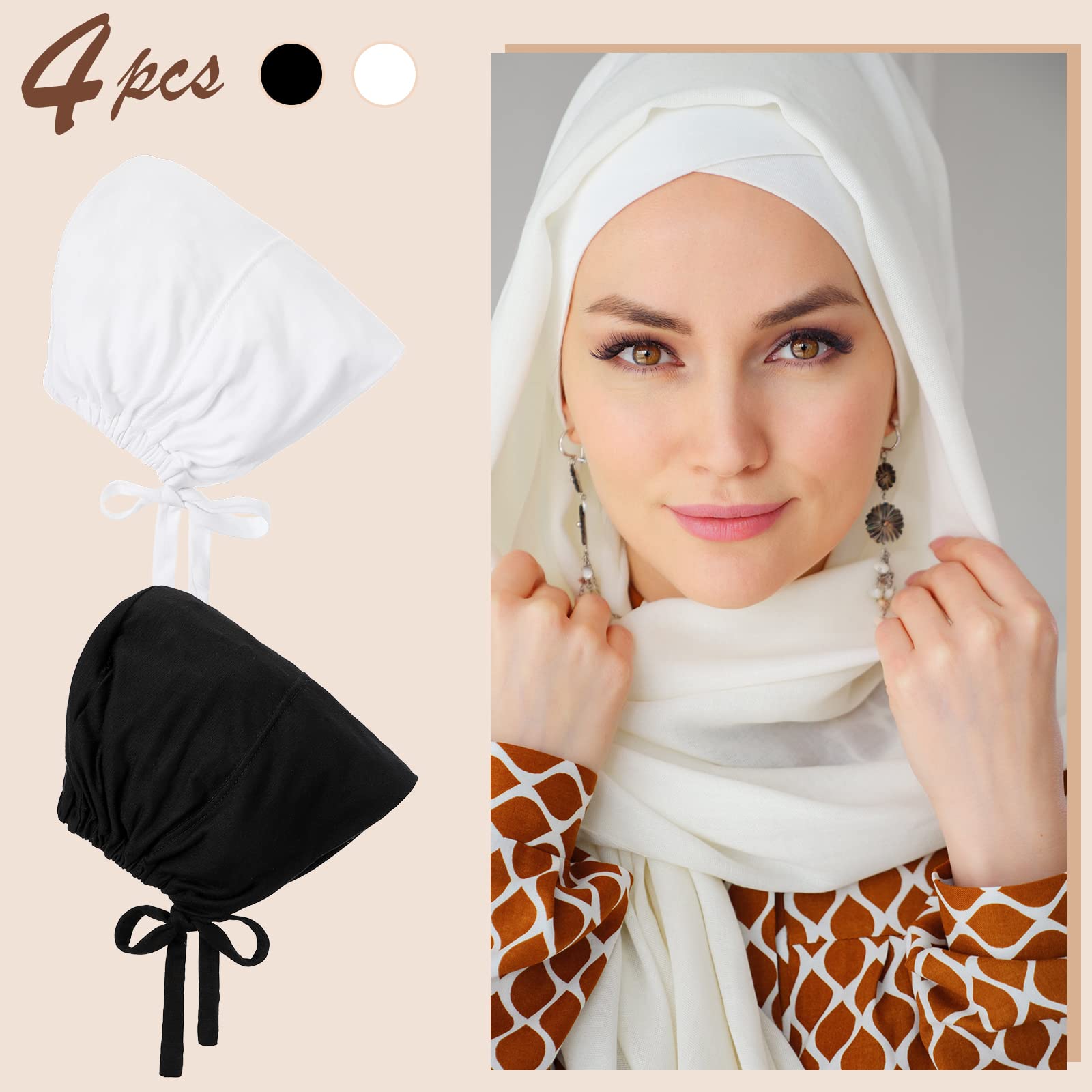 JenPen 4 Pcs Hijab Scarves for Women Hijab Undercap with Tie Adjustable Islamic Muslim Undercap (black and White)