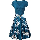 YMING Womens 1950s Vintage Floral Print Wrap Dress A Line Flared Swing Dress Cocktail Party Pleated Dresses