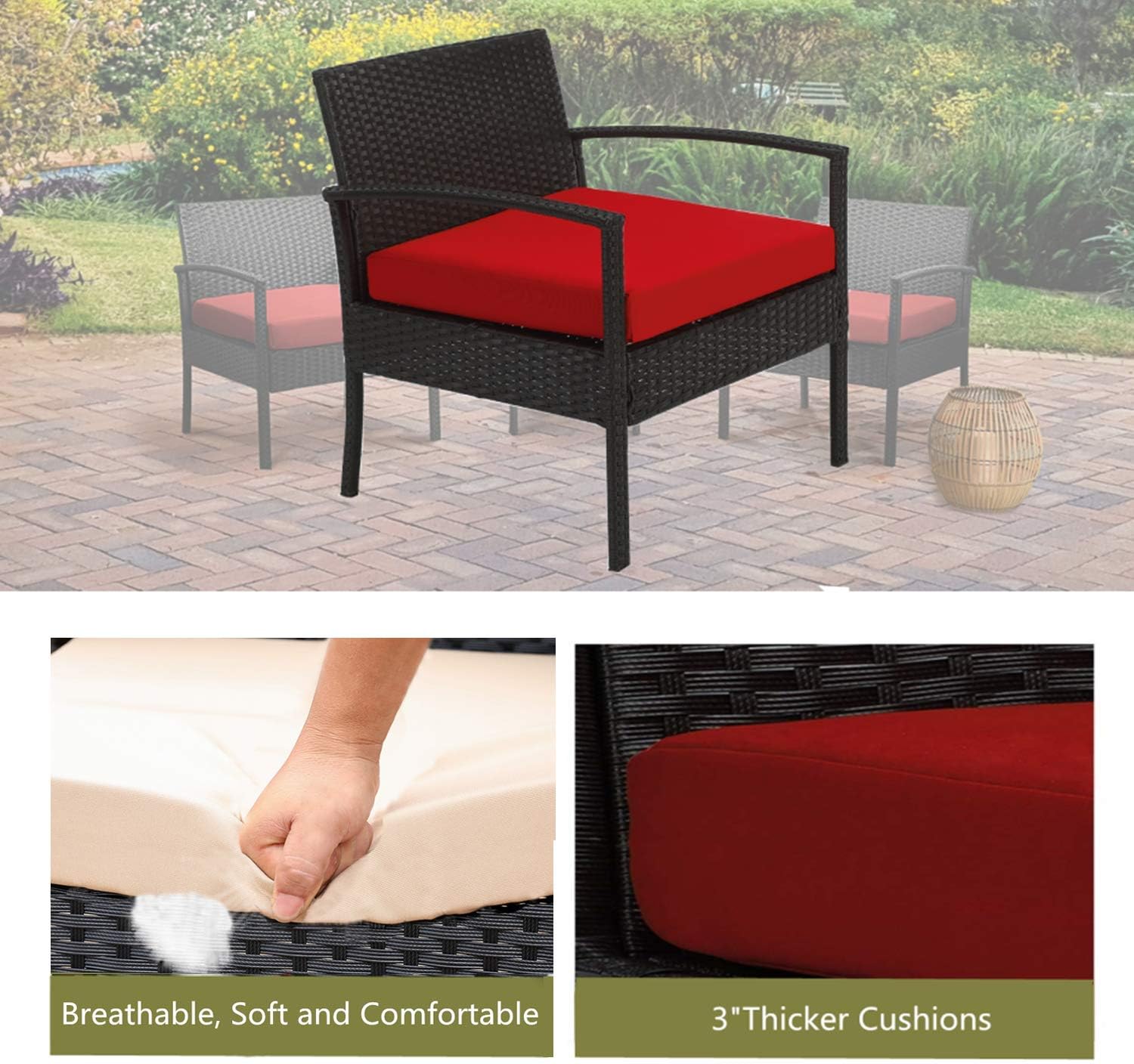 GREARDEN 3 Pieces Outdoor Patio Furniture Sets Patio Conversation Set Bistro Set Rattan Chairs for Balcony Backyard Porch PE Patio Chairs with Cushions 330LBS Red: Garden & Outdoor