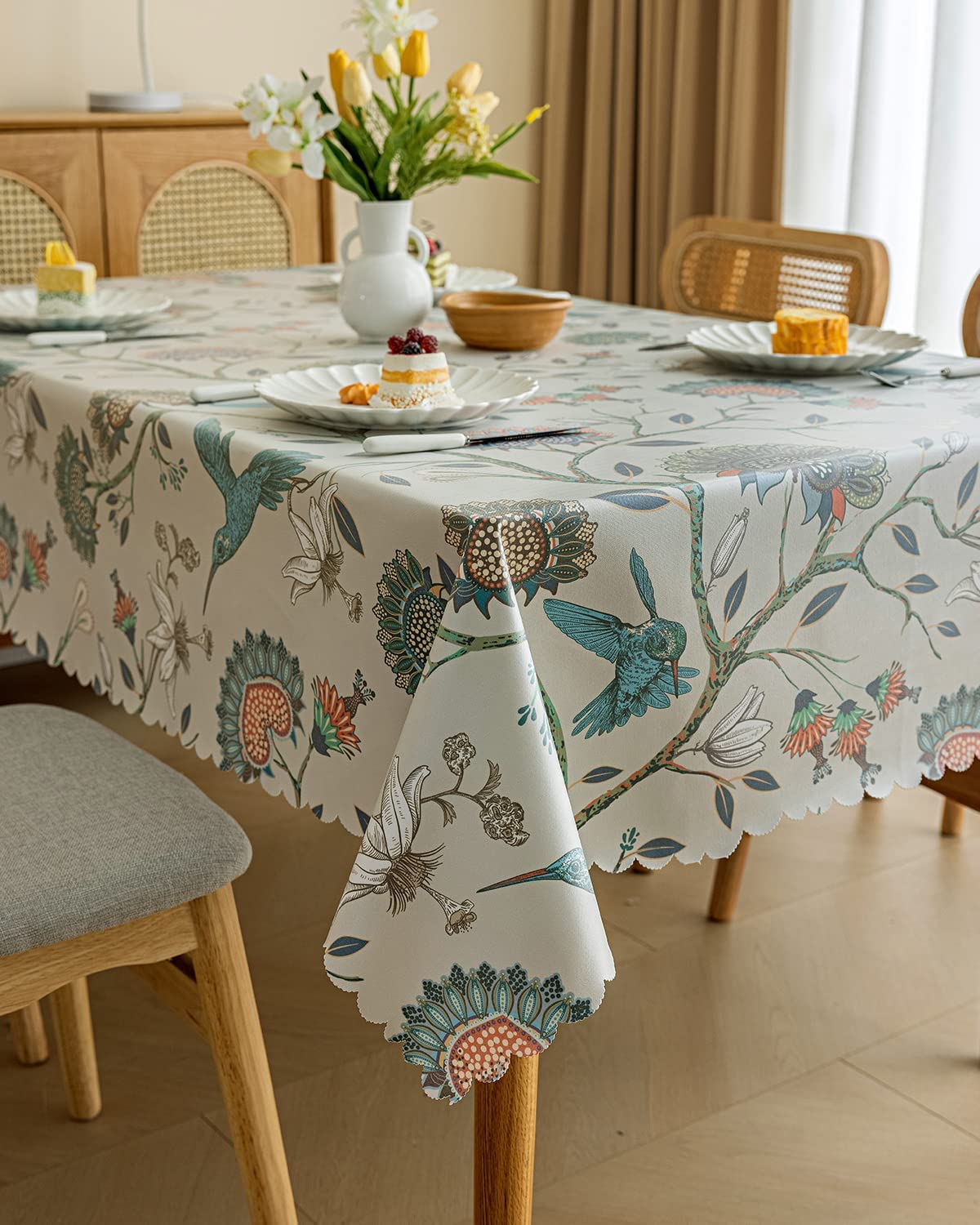 LIVETTY Wipe Clean Table Cloth, Fabric Table Cloth Rectangle Table 135x200cm, Waterproof Oil-Proof Coating, Washable Fabric Table Cover for Kitchen and Dining Room (Bird & Flowers)
