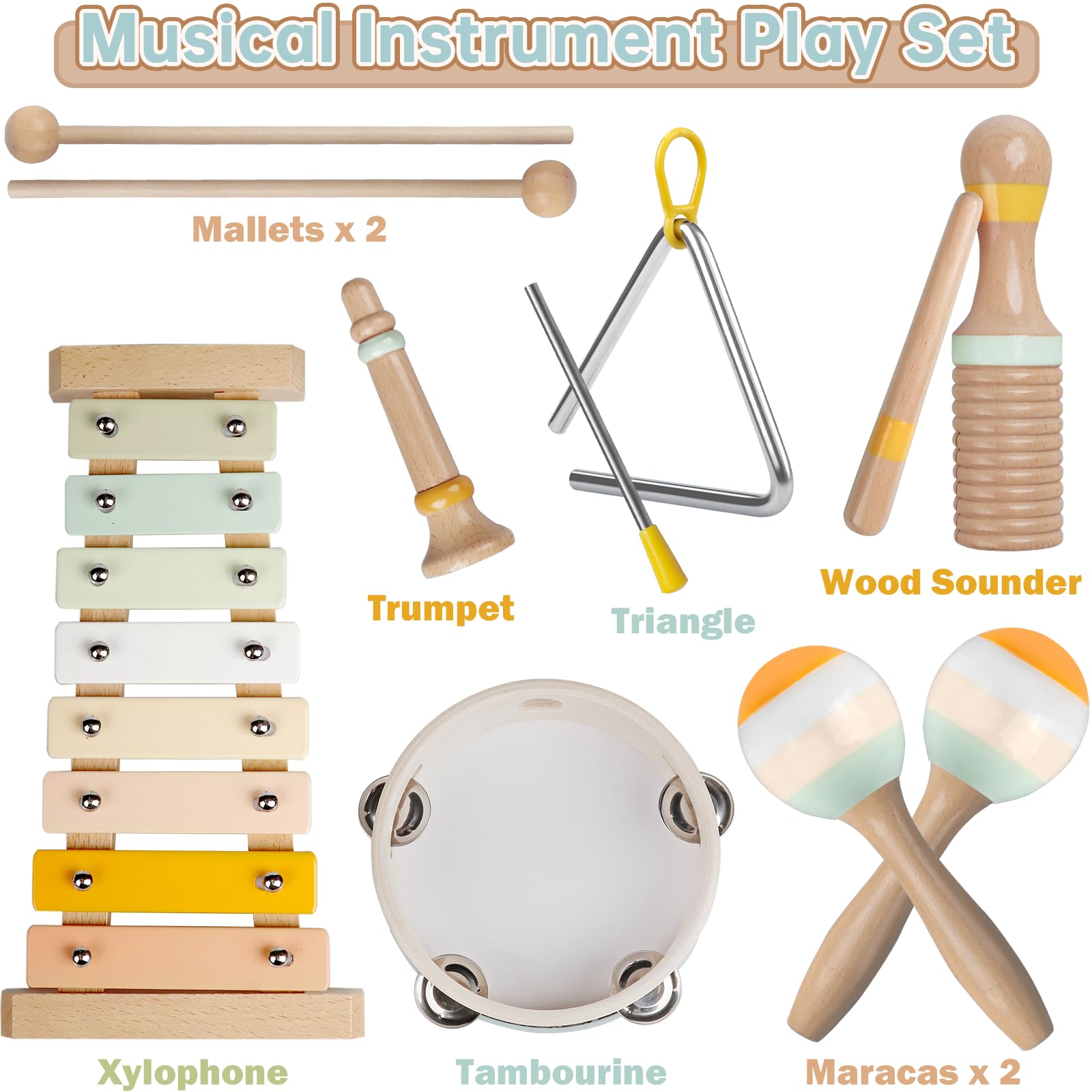 Baby Musical Instruments - Neutral Colors Musical Toys for Toddlers 1-3, Montessori Wooden Percussion Instruments Set with Modern Boho Xylophone Tambourine, Kids Preschool Educational Birthday Gifts