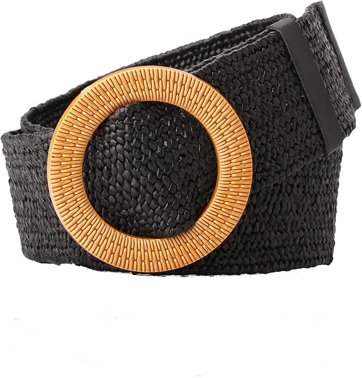 Women Woven Rattan Wide Stretch Straw Belt(Black) at Amazon Women’s