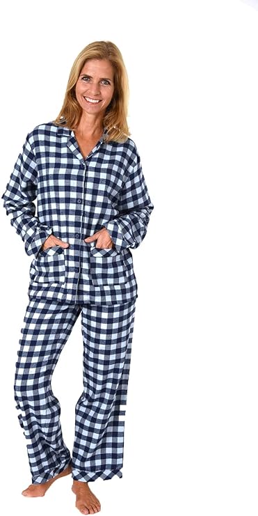 Normann Damen Flanell Schlafanzug Langarm - Kuscheliger Karo Pyjama Mit Knopfleiste