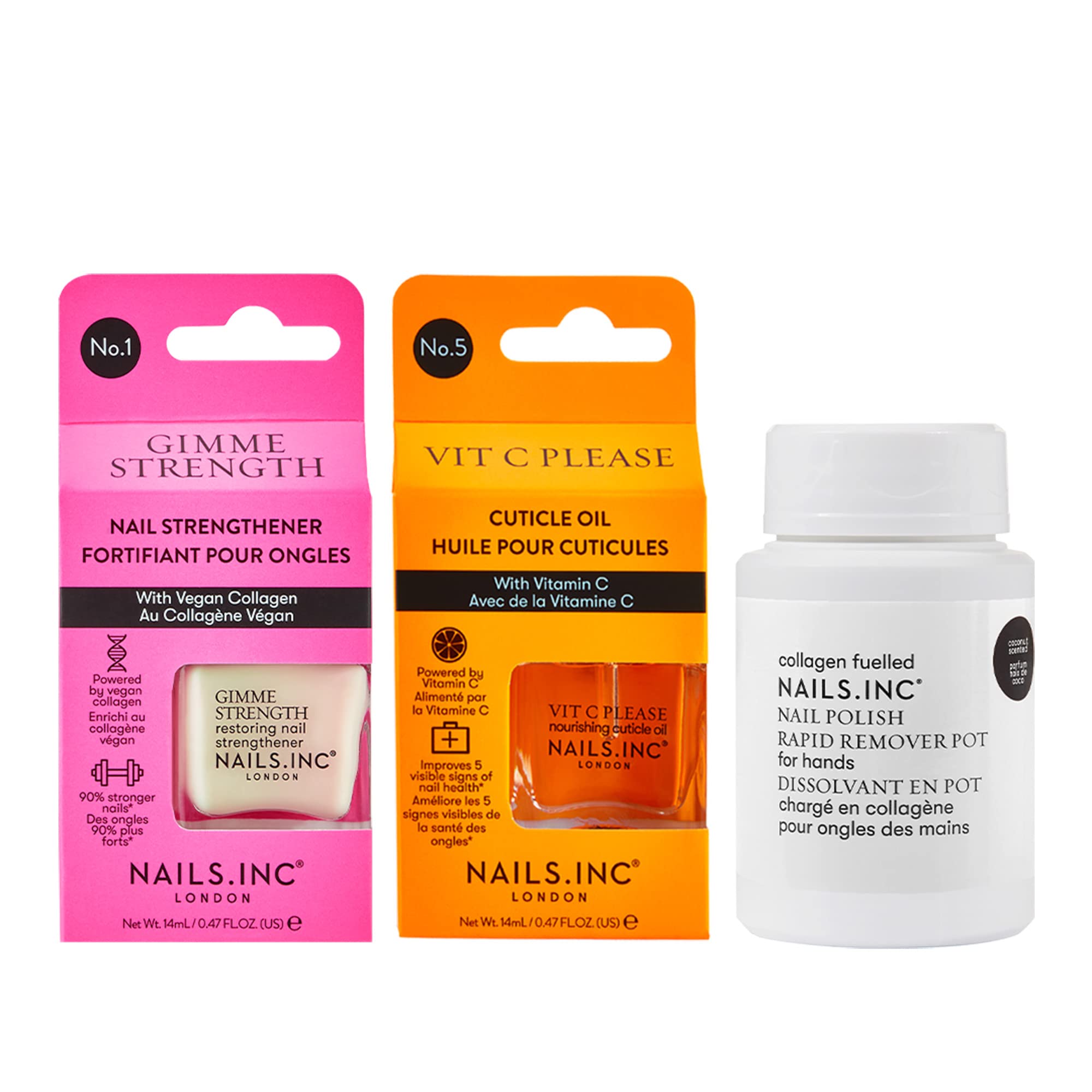 Nails.INC Best Nails Yet 3-Piece Nail Treatment Set – Nail Strengthener, Cuticle Oil & Collagen Nail Polish Remover Pot – Vegan & Vitamin-Infused Formula for Stronger, Healthier Nails
