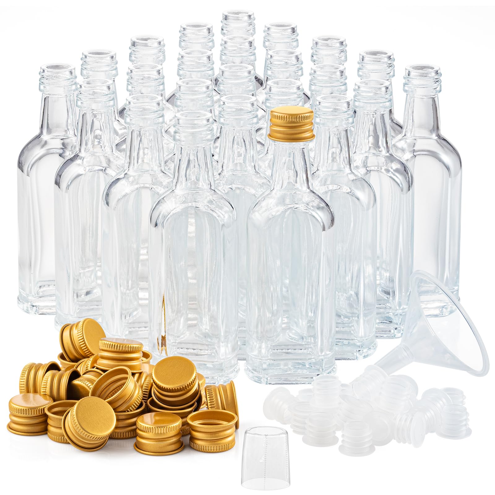 Photo 1 of PELLAH GOODS 50 ml (1.7oz) Mini Small Glass Bottles With Leak Proof Gold Caps, Aluminum Lids, 24 Pack, For Liquor Wine Alcohol Ginger Shots Samples Decorative