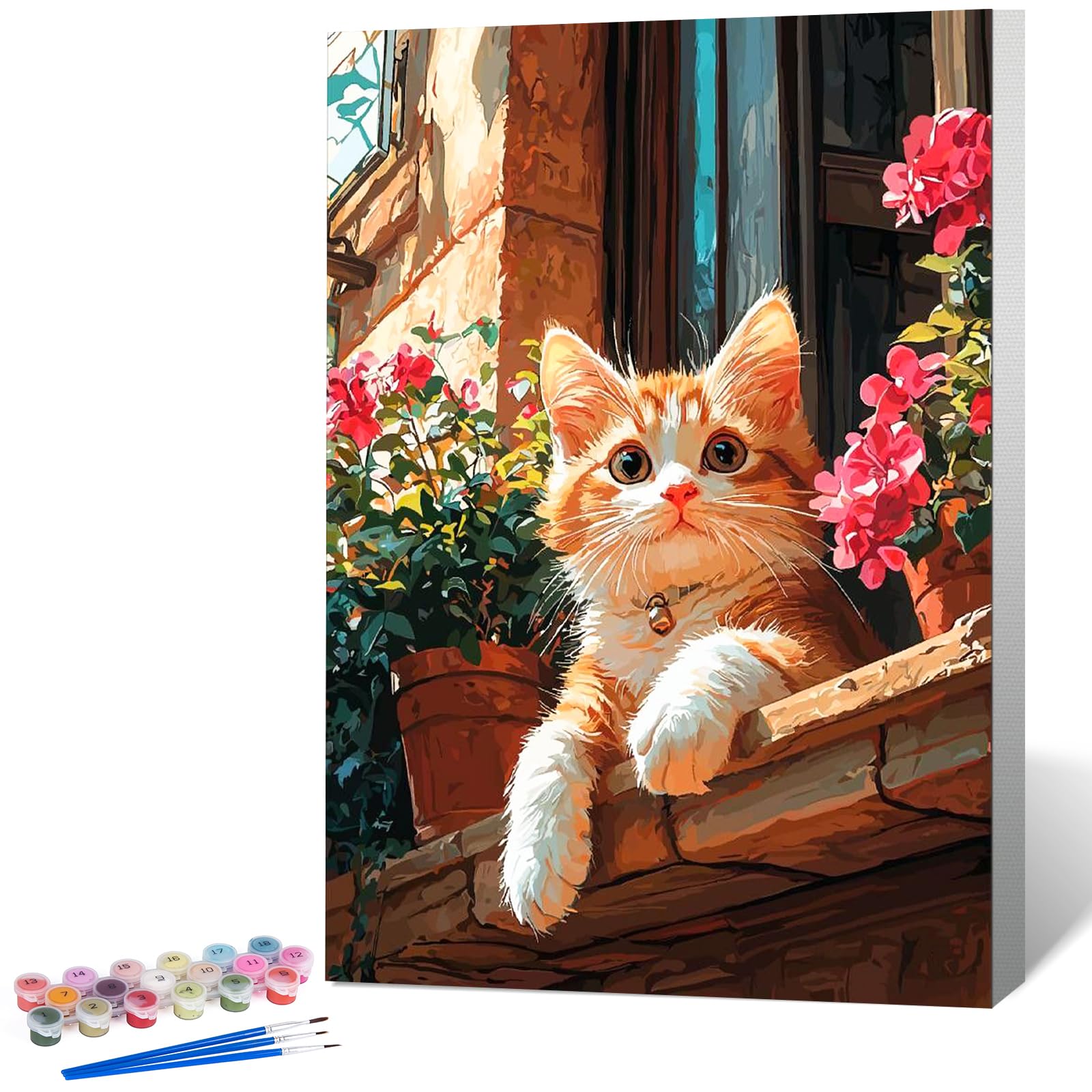 OkarinaArt Paint by Numbers for Adults with Frame Cute Cat, Painting by Numbers for Adults with Frame Cat, DIY Acrylic Framed Adult Paint by Number Canvas Kits, Perfect for Home Decor 8 X 12 Inch