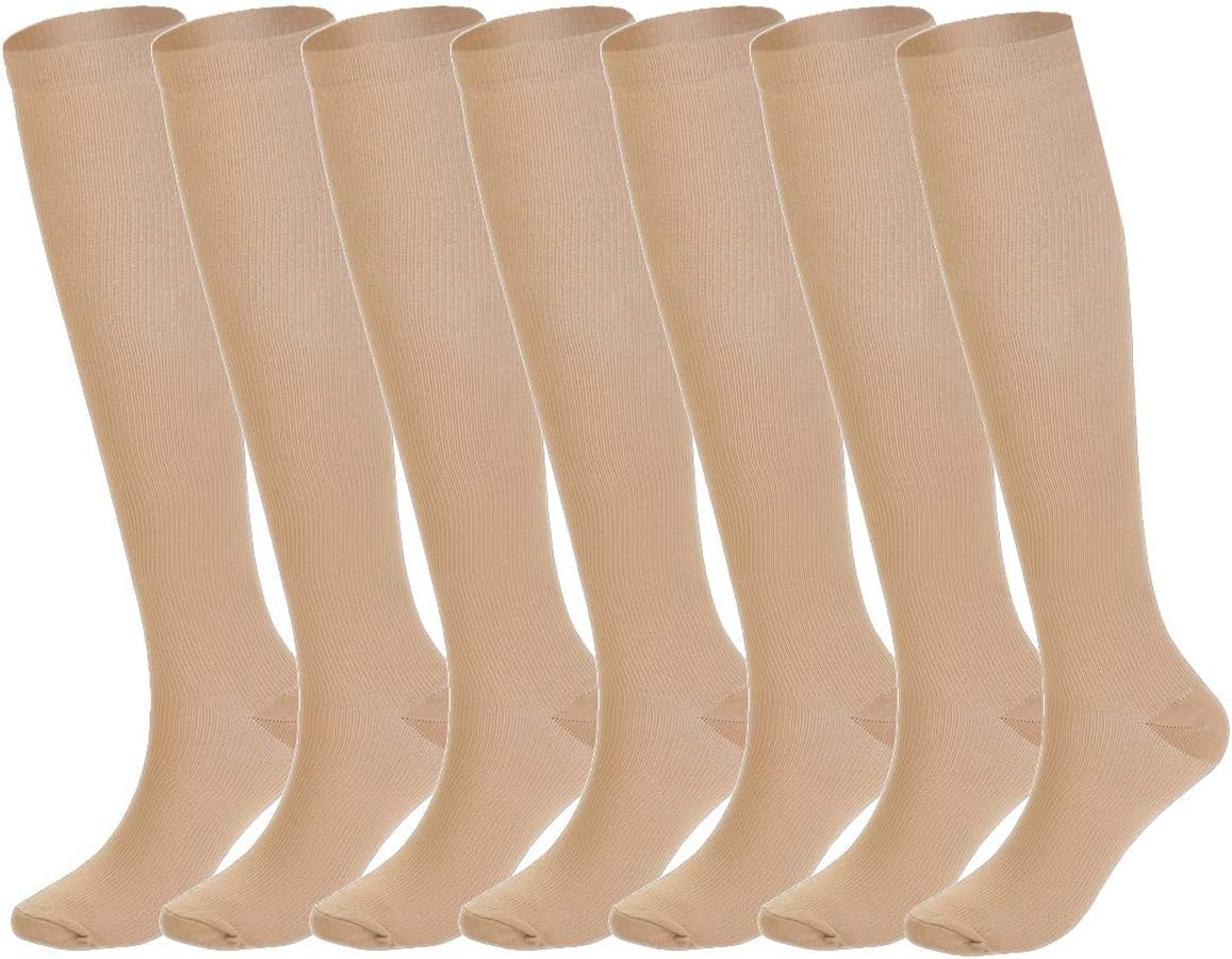 Psusmeka 7 Pairs Compression Socks,Knee High Socks,Flight Stockings,Diabetic Socks for Women 15-20mmHg - Best for Medical,Nursing,Pregancy,Running,Hiking,Travel,Varicose Veins,Fitness