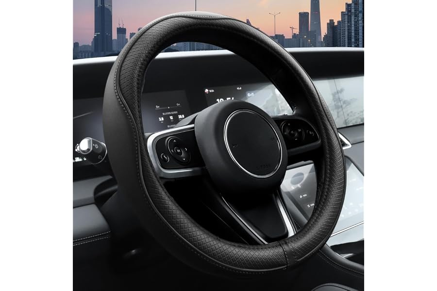 Ouzorp Car Steering Wheel Cover, Microfiber Leather Steering Wheel Covers with Anti-Slip Lining, Universal 14.5-15 inchs Blac