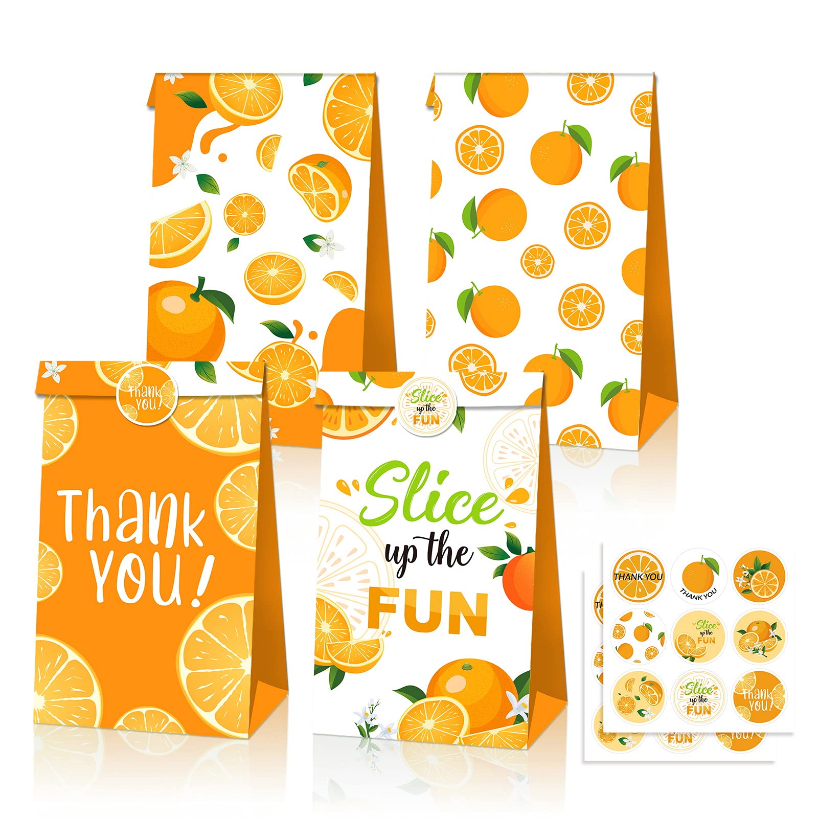 12 Packs Orange Paper Bag Tangerine Theme Party Gift Bag, Children's Party Gift Bags, Holiday Party Gift Bags, Baby Shower Supplies Gift Bags, Autumn Party Gift Bags with Thank You Stickers