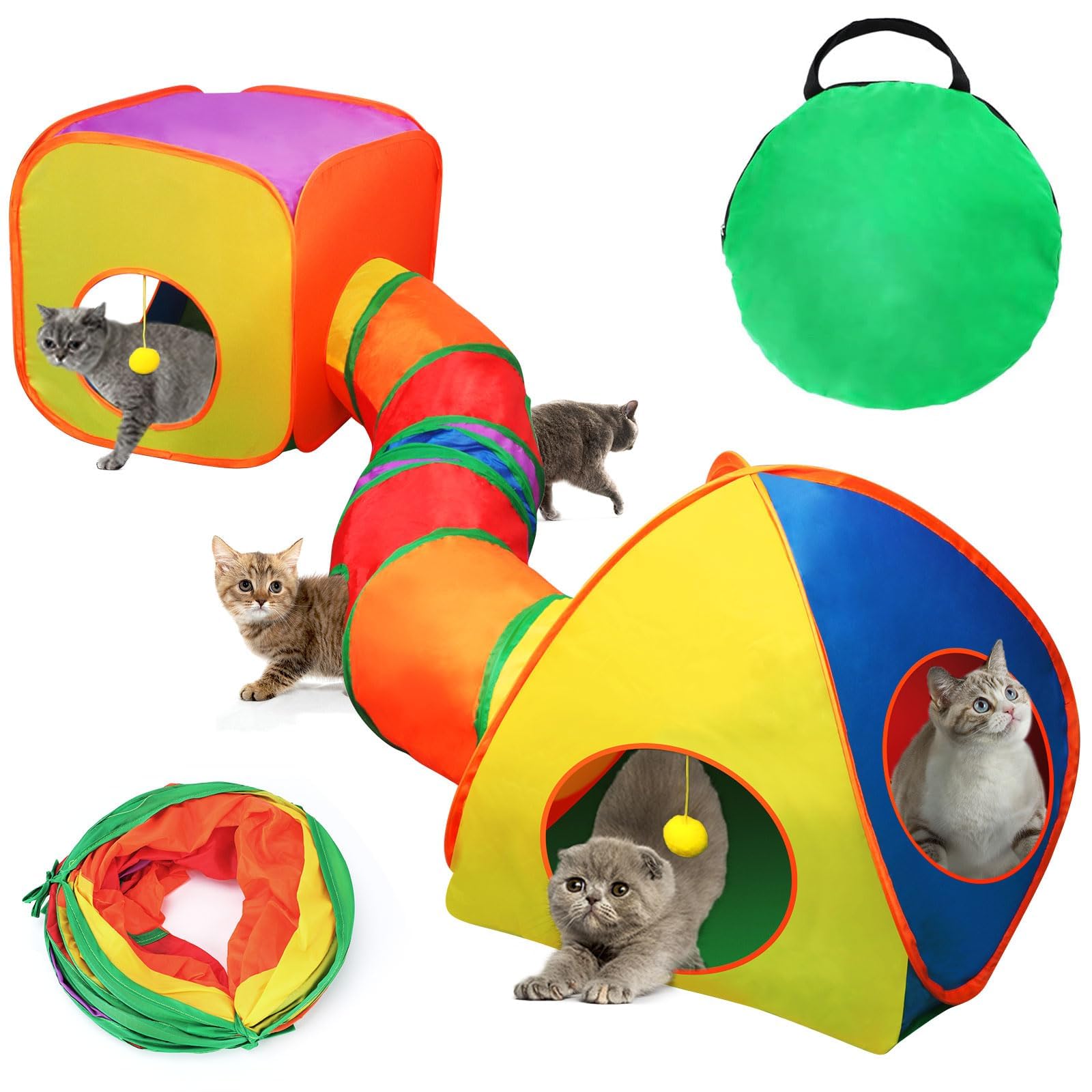 Mfsdai 3 in 1 Cat Tunnel Indoor Enclosure Playpen,Foldable Pop up Cats Cubes with Storage Bag, Interactive Cat Play and Hides Toy for Kitten Rabbit Bunny Ferret(Rainbow)