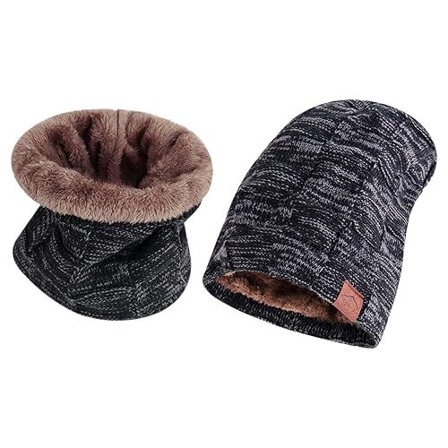 XTDMJ Unisex Winter Beanie Hat Scarf Set, Skiing Hat Neck Warmer, Warm Knitted Hat and Circle Scarf, Outdoor Sports Hat Sets with Fleece Liner, Gifts for Men Women