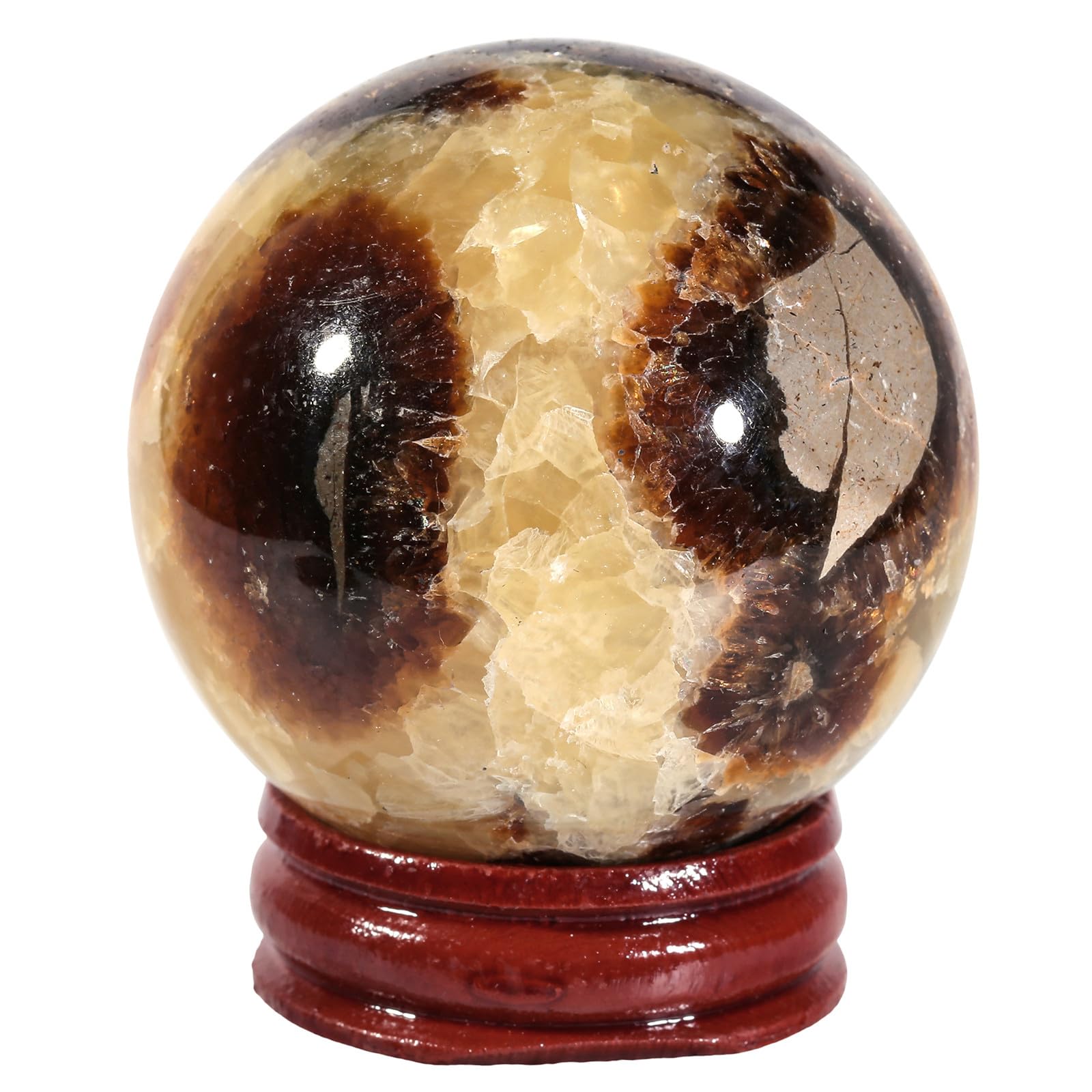 Nupuyai Natural Septarian Dragon Stone Ball with Wooden Stand, Geode Crystal Stone Sphere Feng Shui Office Home Decor Meditation Crystal Ball, 41-50mm