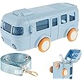 HOTBEST Car Straw Water Cup, 16oz Summer Cute Bus Water Bottle with Shoulder Strap, Leak-Proof Kids Small Square Drinking Cup Cute Cartoon Water Jug Toy Locking Flip Lid Water Kettle for Kids (Blue)