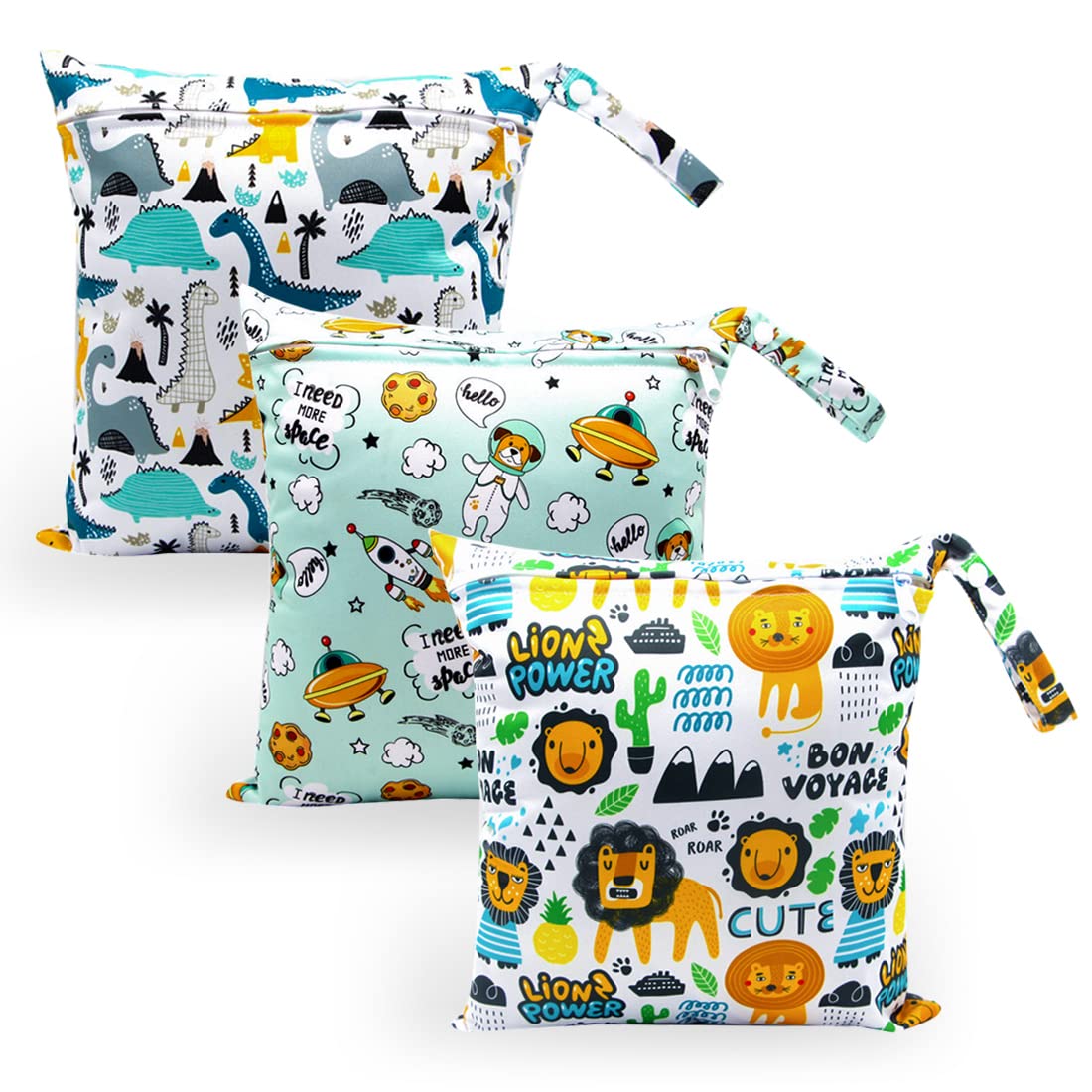 HOTLIKE Wet Bag, Dry Wet Bag, 3 PCS Nappy Bag for Cloth, Diapers Travel Bag Organiser Waterproof Reusable Produce Bags with Handle and Zipper Pocket, Wet Suit Bag for Trip Beach Daycare Gym (Green)