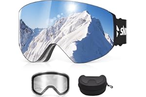Snowalva Ski Goggles, OTG Over Glasses Snowboard Goggles with 2 UV400 Anti-Fog Detachable Magnet Lenses for Men&Women Adult
