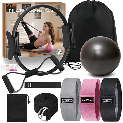 Pilates Equipment 15" Pilates Ring Plus, Pilates Kit for Home Workouts, Pilates Essentials Kit for Women with Pilates Ring and Ball Set, Booty Bands, Figure 8 Resistance Band, Yoga Band (Black)
