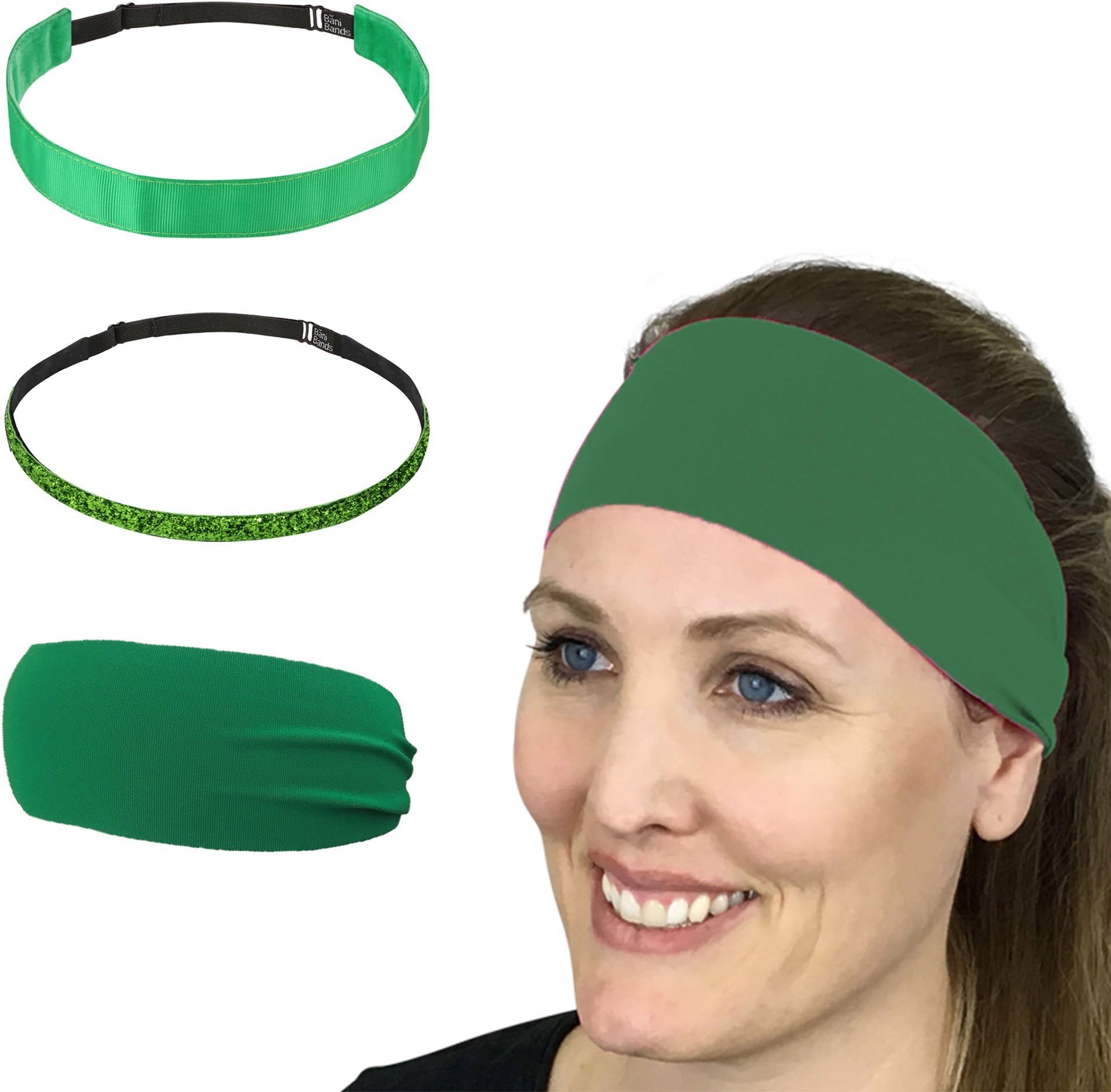 BaniBands 3-Pack Headbands for Women Sports | Perfect for Workout Exercise Yoga Sweat Active Fitness Athletic Gym Running Jogging | No Slip Bands | Made in USA | Green