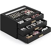 AKOZLIN Jewelry Box with Clear Lid Functional Leather Jewelry Storage Organizer Case 3 Drawers for Women Girls Necklace Ring Bracelet Earring