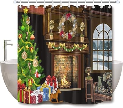 None brand Decoración navideña Chimenea Cortina de Ducha Baño